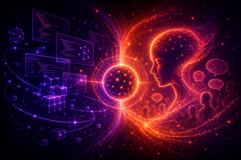 Glowing split-screen AI illustration with purple code panels and geometric data structures on one side, an orange human-like neural silhouette with speech bubbles on the other, and a bright central orb connecting work automation with human conversation.