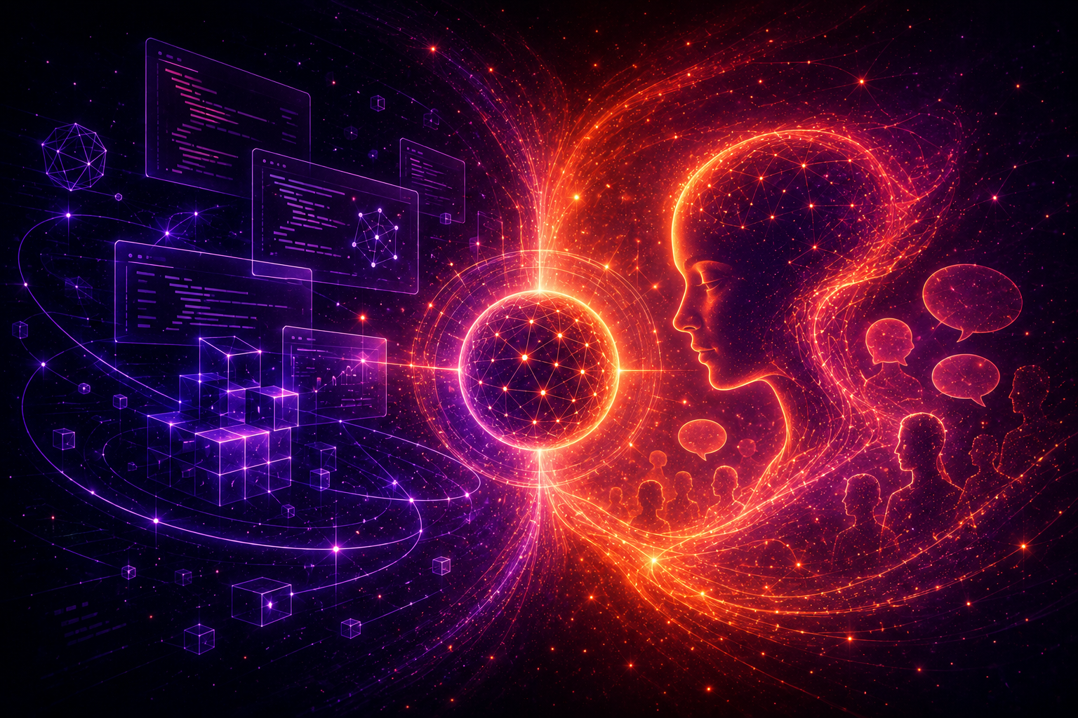 Glowing split-screen AI illustration with purple code panels and geometric data structures on one side, an orange human-like neural silhouette with speech bubbles on the other, and a bright central orb connecting work automation with human conversation.