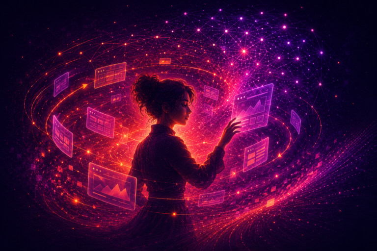 Female figure surrounded by glowing AI interface panels and looping data streams in a neon purple, pink, and orange digital space, representing the feedback loop of AI-assisted creative work.