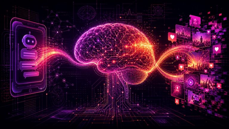 Neon brain linked to an AI chatbot and social media feedback loop
