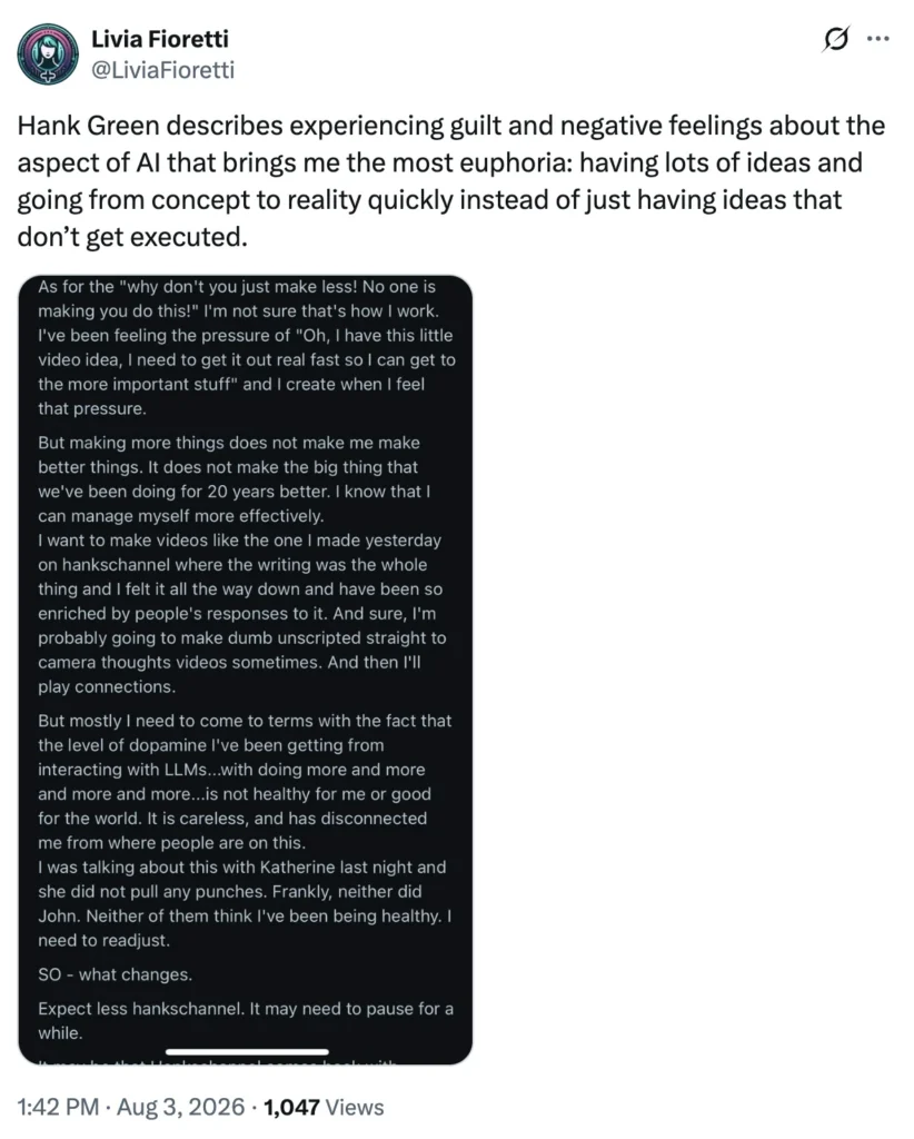Livia Fioretti post comparing Hank Green’s AI dopamine concerns with her own creative euphoria