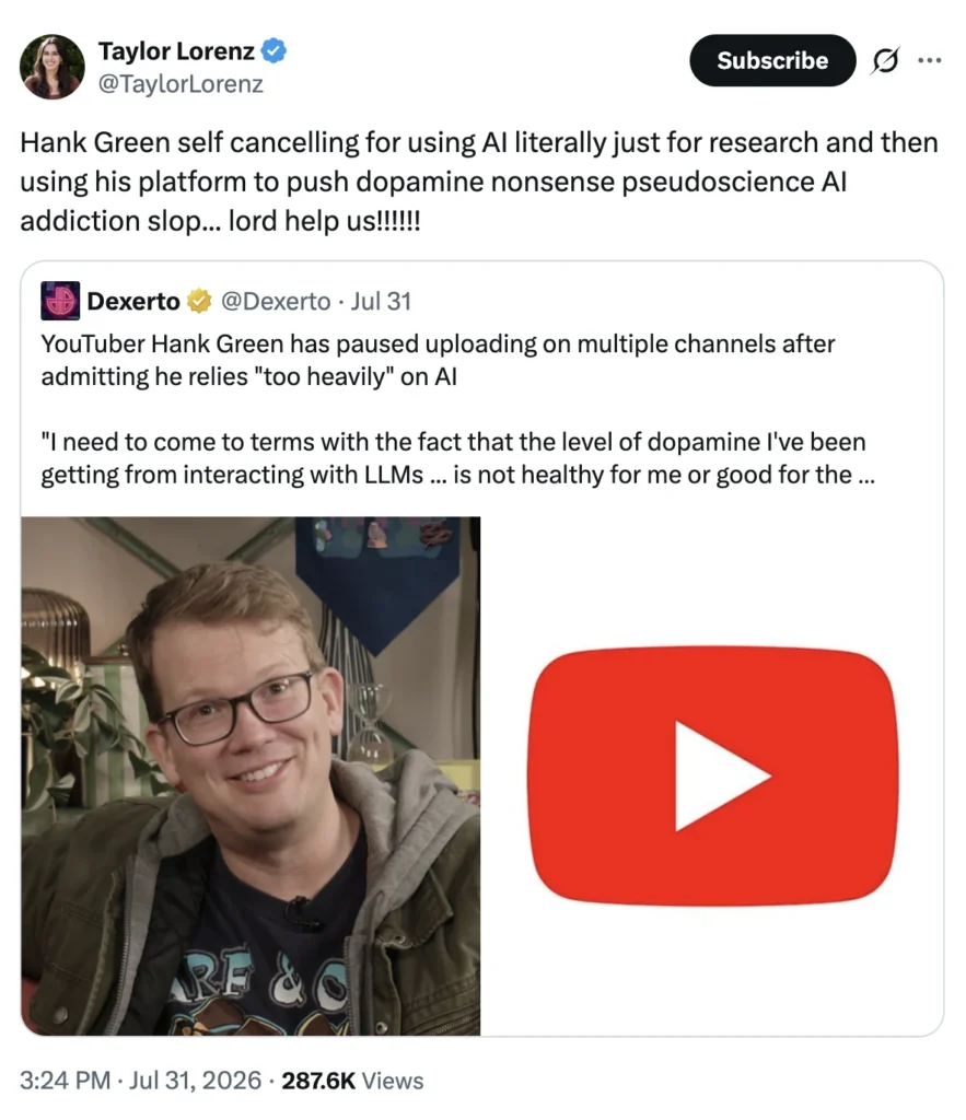 Taylor Lorenz post calling dopamine-based AI addiction discourse pseudoscience and slop