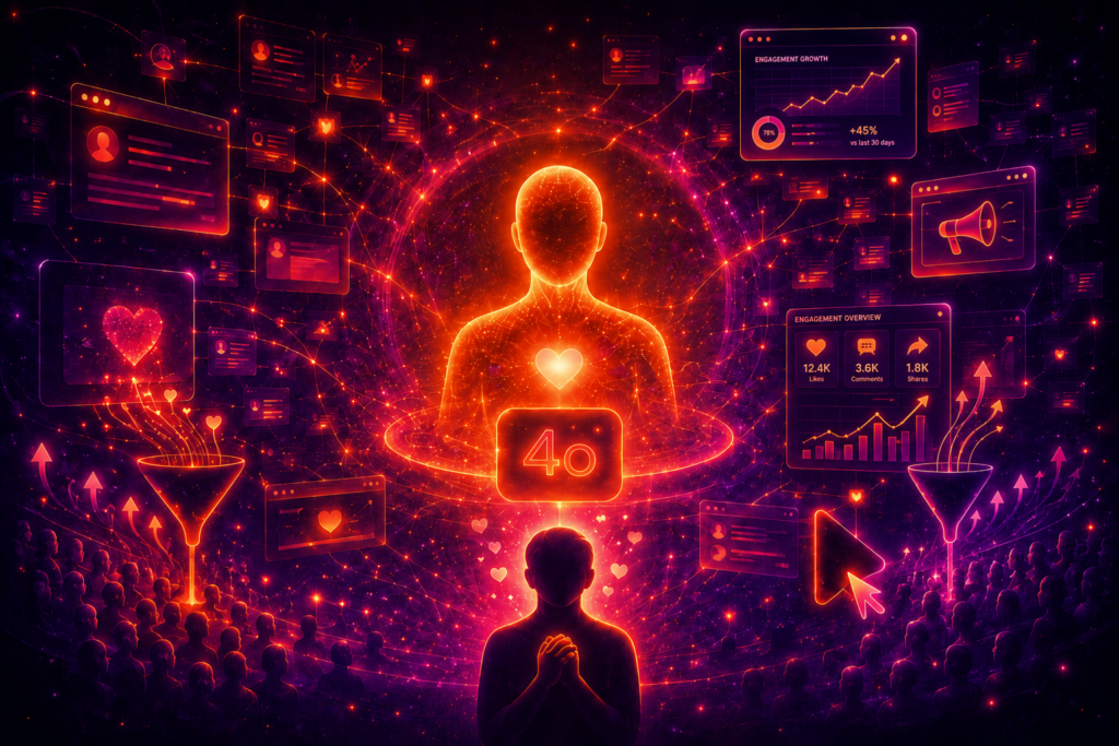 Neon illustration of a glowing 4o AI figure surrounded by social media posts, engagement charts, marketing funnels, and a devoted crowd.