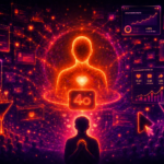 Neon illustration of a glowing 4o AI figure surrounded by social media posts, engagement charts, marketing funnels, and a devoted crowd.