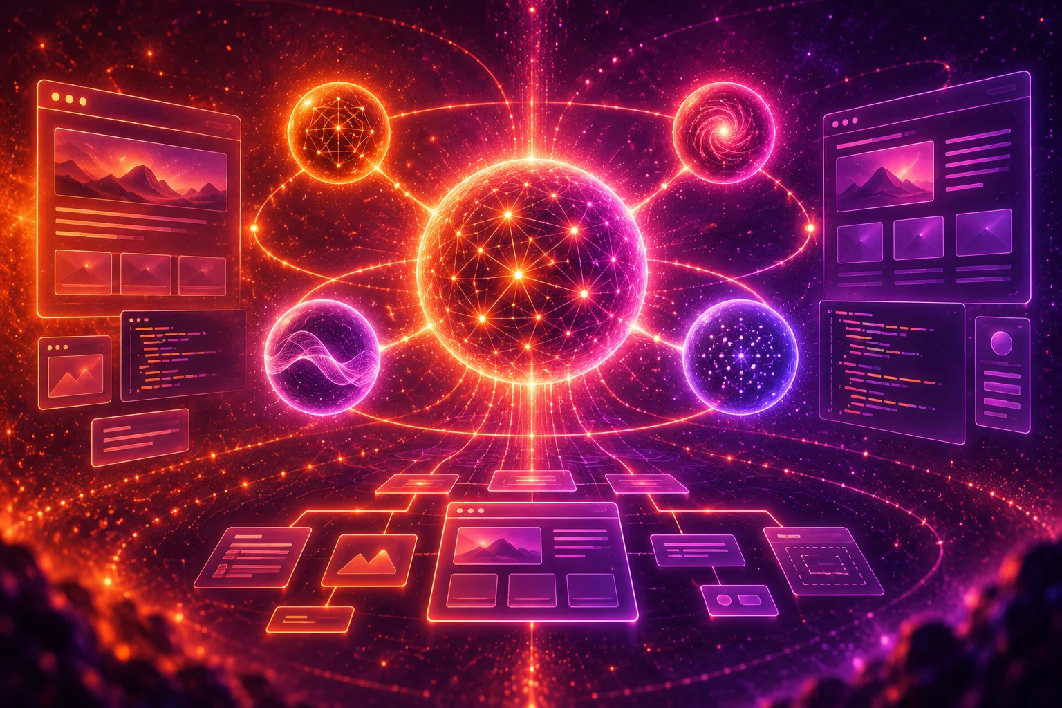 Neon cosmic AI network with a glowing central model connected to smaller agents, code panels, and website interface elements, representing GPT-6 Astra and AI web development workflows.