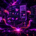 Neon AI workflow illustration showing chat and planning tools flowing into UI design, image generation, analytics, and coding interfaces.