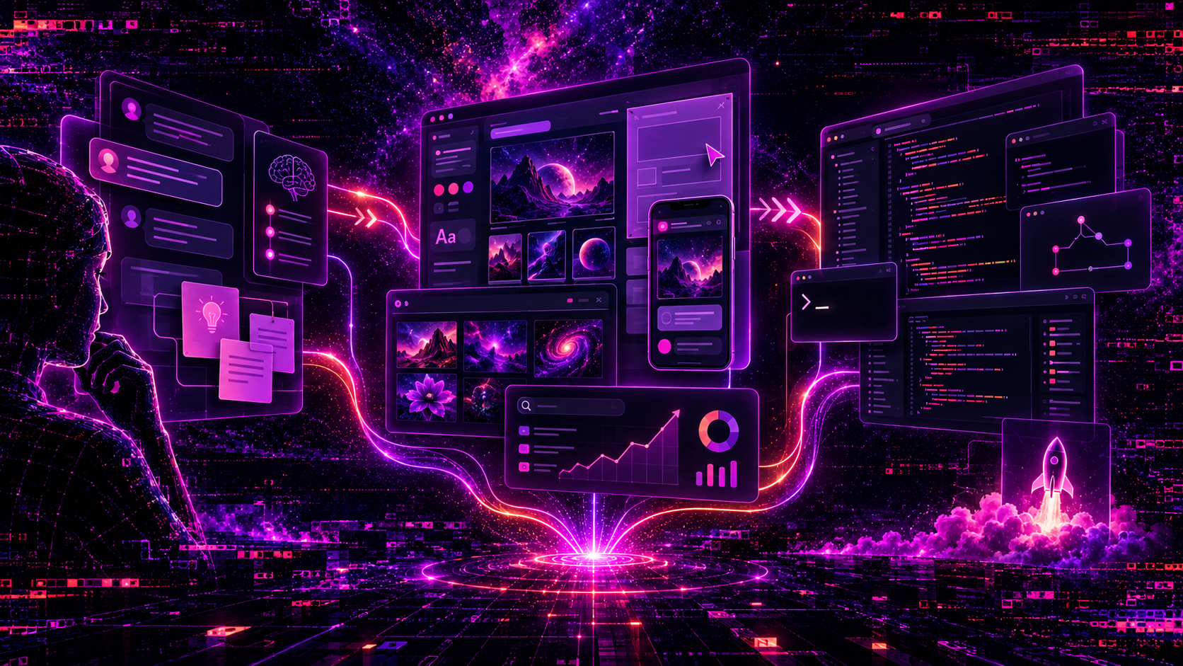 Neon AI workflow illustration showing chat and planning tools flowing into UI design, image generation, analytics, and coding interfaces.